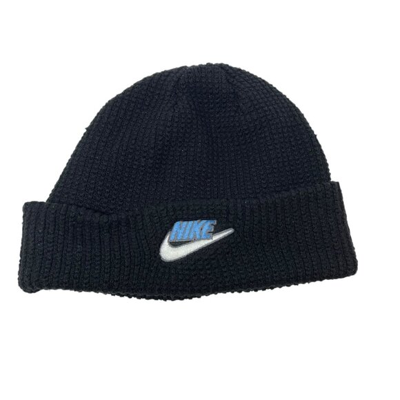 Nike Vintage Knit Beanie Hat Skull Cap Retro 90s Y2K Swoosh Logo Black Oversized - Picture 1 of 4